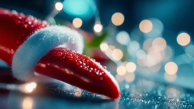 Close-up of a red chili pepper wearing a Santa hat with water droplets and festive holiday bokeh lights