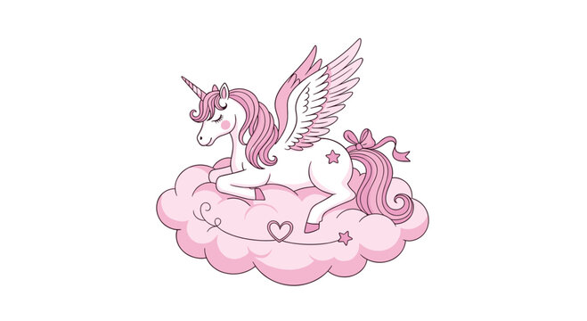 Sweet and magical pink winged unicorn resting on a fluffy cloud decorated with a heart and stars on a white background.