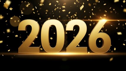 Golden 2026 new year celebration with confetti and lights