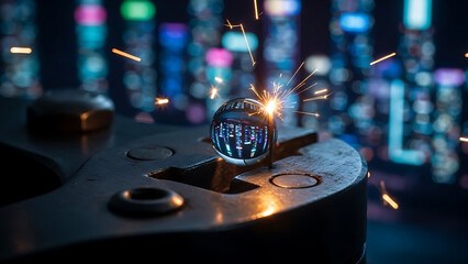 Glass sphere reflecting a vibrant, blurred futuristic cityscape with bright orange sparks illuminating its surface, set on a textured metal tool, symbolizing innovation, precision, and urban developme