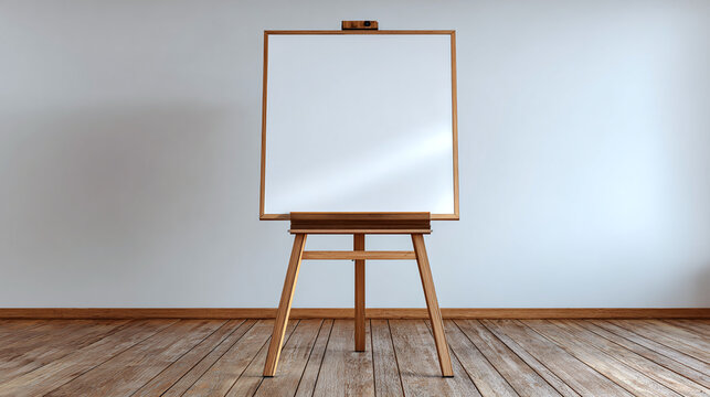 A blank canvas on a wooden easel, ready for artistic inspiration, in a minimalist setting with light grey walls and wood flooring.