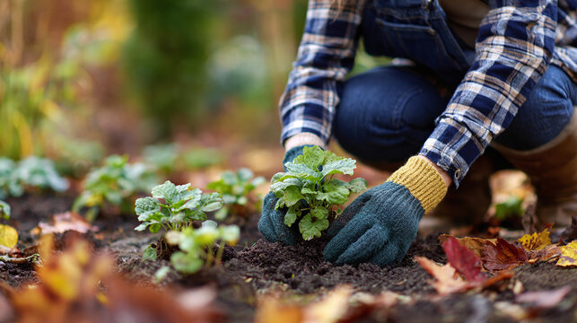 Woman wearing gardening gloves planting seedlings in the garden with some foliage. Gardening and growing herbs. Autumn scenery backdrop. - Powered by Adobe