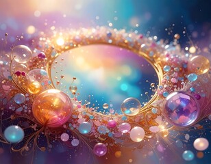 Ethereal wreath of shimmering orbs and delicate florals against a soft, multicolored, dreamlike background