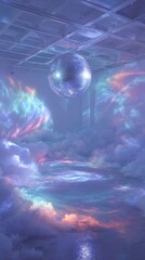 Dreamy environment with a shimmering disco ball above a soft cloud-like floor, bathed in colorful light reflections, creating a whimsical and enchanting scene