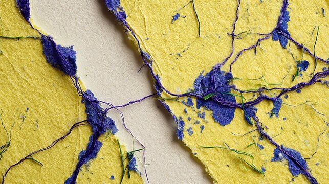 Unique handmade paper displays a blend of yellow and blue fibers with natural elements, highlighting the artistry and texture of traditional paper-making techniques