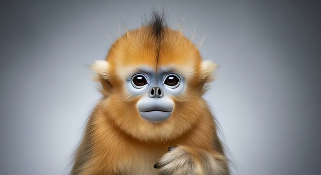 Close up portrait of a golden snub nosed monkey on a plain background