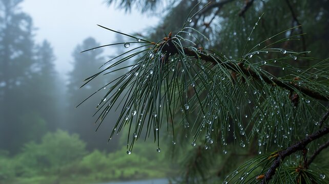 Pine tree needles with fresh water drops in misty forest atmosphere
