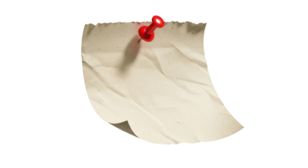 Wrinkled beige paper note with red push pin isolated PNG, crumpled memo pinned for reminders and bulletin board use on transparent background