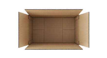 Open brown cardboard box PNG isolated on transparent background, empty container for shipping and storage, top view