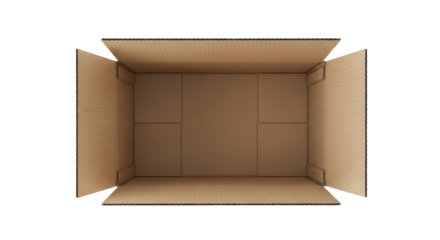 Open brown cardboard box PNG isolated on transparent background, empty container for shipping and storage, top view