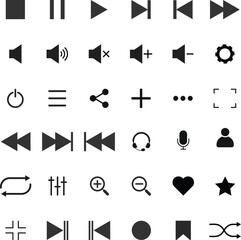 Music Player Icon Set. Media Playback and Audio Control Symbols. Play, Pause, Volume, and Skip Toggle Icons collection. Digital Entertainment and Audio App Control Symbol Collection