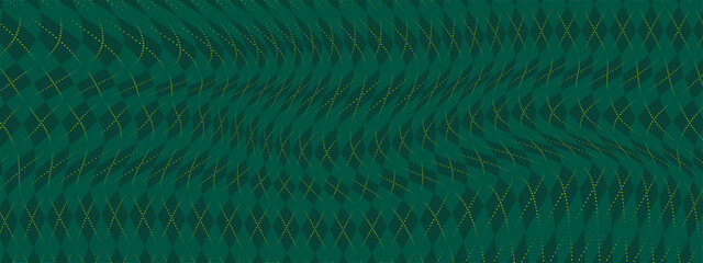 Dark Green Argyle Vector Pattern. Christmas Background. Golf Textile Print. Emerald Diamonds with Gold Accent Lines.