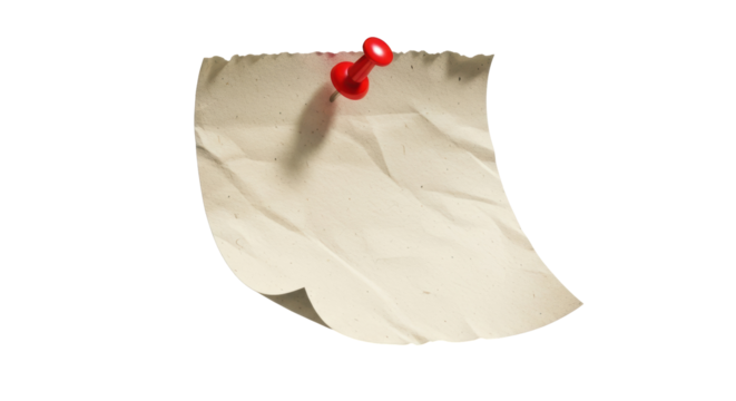 Wrinkled beige paper note with red push pin isolated PNG, crumpled memo pinned for reminders and bulletin board use on transparent background