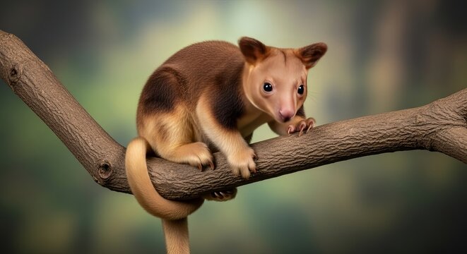 Tree kangaroo perched on a branch in natural environment with soft lighting