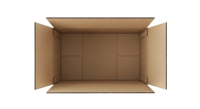 Open brown cardboard box PNG isolated on transparent background, empty container for shipping and storage, top view