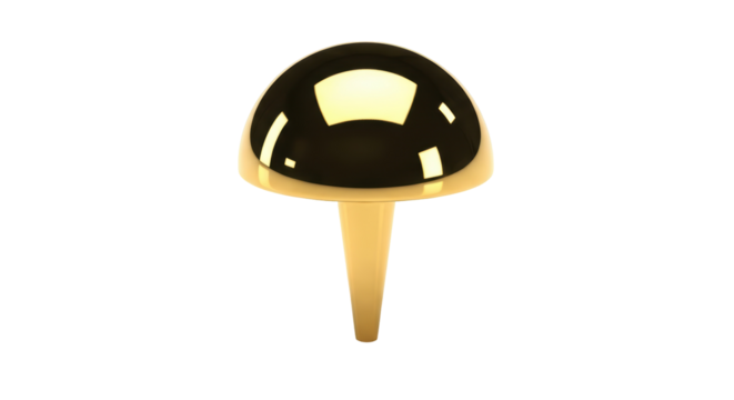 Gold thumbtack isolated PNG on transparent background, shiny push pin for office supplies and bulletin board design projects