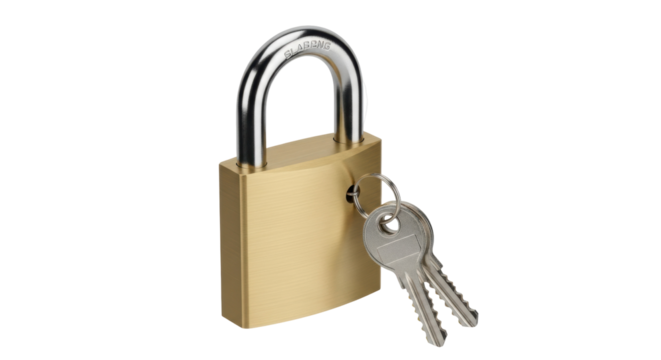 Brass padlock with keys isolated PNG on transparent background, security and protection concept for graphic design and web use