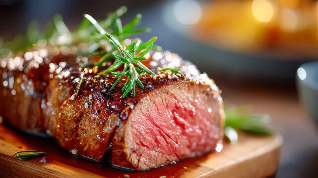 Juicy medium-rare roast beef sliced on a wooden board with herbs and warm, glowing restaurant lighting