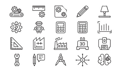 Black and white icons depict industrial, engineering, and technological objects, all showcased on a transparent backdrop