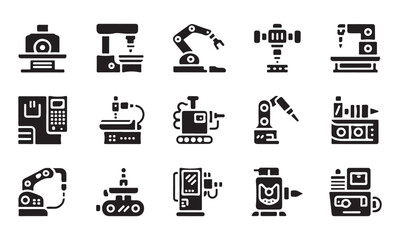Black industrial automation machines convey production efficiency and innovation through their detailed solid glyph representations
