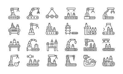 Collection of robotic assembly lines automating beverage manufacturing operations shows modern production and technology using line art