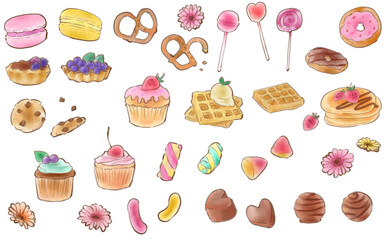 かわいいスイーツの水彩イラストセット