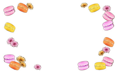 マカロンと花のフレームイラスト