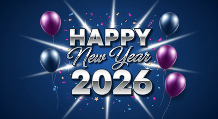 Happy new year 2026 celebration with shiny balloons and bright light streaks on a dark blue background
