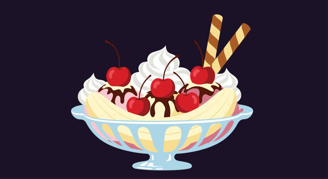 A classic and decadent banana split sundae dessert in a glass dish with ice cream whipped cream chocolate sauce and cherries.