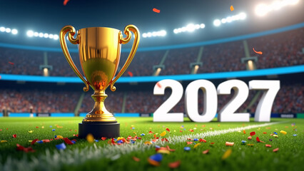 Golden trophy and “2027” on soccer field—confetti and crowd radiate triumph, pride, and celebration.