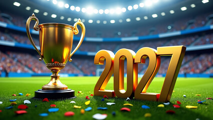 Golden trophy beside “2027” on stadium grass—confetti and crowd celebrate victory, glory, and ambition.