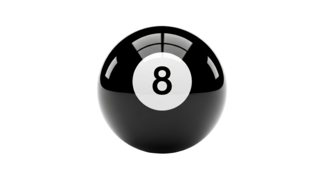 Glossy black eight ball PNG isolated on transparent background, billiards and pool game equipment for sports and recreation