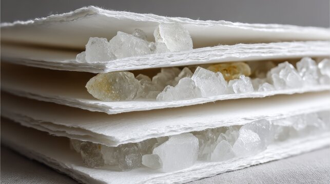 Handmade paper sheets layered with sparkling crystals, highlighting unique textures and natural elements, perfect for artistic endeavors and design inspiration