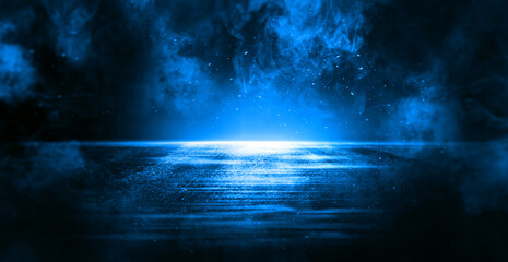 Asphalt blue dark street with smoke. Rays, spotlights light . Empty dark scene with neon light.	

