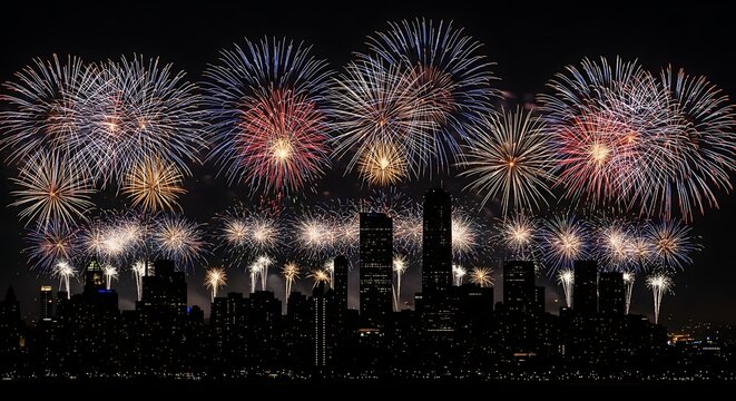 Spectacular fireworks light up the night sky over the city skyline creating a vibrant and memorable display for celebrations and events