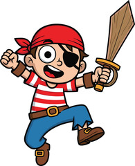 Cartoon young pirate jumping with wooden sword, red bandana, striped shirt, energetic adventure pose, flat vector illustration