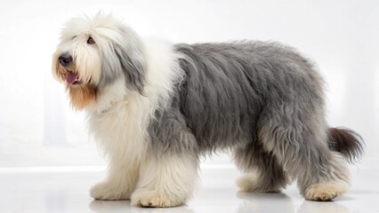 Photorealistic studio portrait of a fluffy Old English Sheepdog with a shaggy grey and white coat, isolated on white.