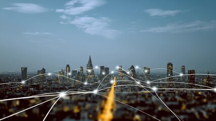 Urban skyline illuminated at dusk, showcasing a network of interconnected lights, with a gradual zoom out revealing the expansive cityscape and the flow of digital connections - Powered by Adobe
