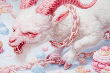 Dream Goat: A surreal and whimsical art piece of a goat with pink horns and a chain, creating a fantastical scene filled with sugary elements.