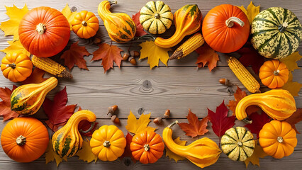 Autumn Harvest Arrangement Pumpkins, Gourds, and Leaves on a Wooden Surface
