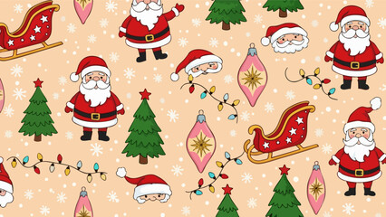Festive christmas pattern with santa claus ornaments and trees on a beige background