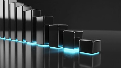 Modern 3D decreasing bar graph with vibrant blue glowing bases on a dark reflective surface symbolizing financial decline market loss economic recession