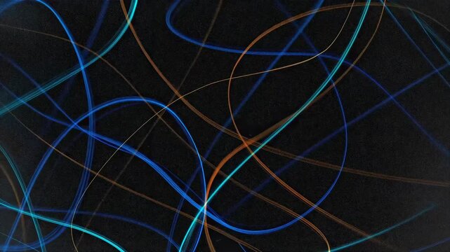 Abstract design featuring intertwining blue and orange lines on a dark background.
