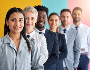 Obraz premium Diverse group stands shoulder to shoulder, smiling against a vibrant, multi-colored pastel background, radiating positivity