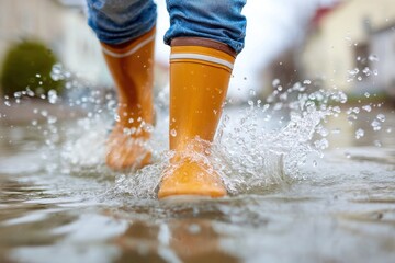 Person in yellow rubber boots walking through a flooded street, splashing water, showcasing the impact of heavy rain on urban environments and daily life challenges