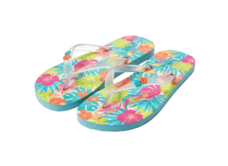 Pair Of Brightly Colored Tropical Floral Pattern Flip Flops With Translucent Straps Isolated On Black Background