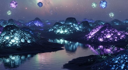 Glowing Alien Landscape with Bioluminescent Hills and Floating Spheres