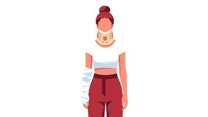 Injured woman wearing cervical collar and arm cast flat vector illustration
