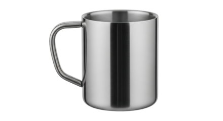 Stainless steel mug isolated PNG, metal cup with handle for hot drinks on transparent background, camping equipment and kitchenware