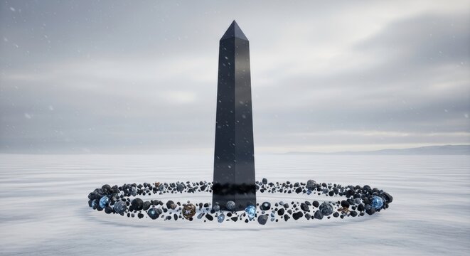Black Obelisk Surrounded by Floating Rocks in Snowy Wasteland - Powered by Adobe